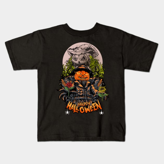 Happy Halloween Scarecrow Evil Funny Smiling Spooky Pumpkin Face Kids T-Shirt by R-Design-1